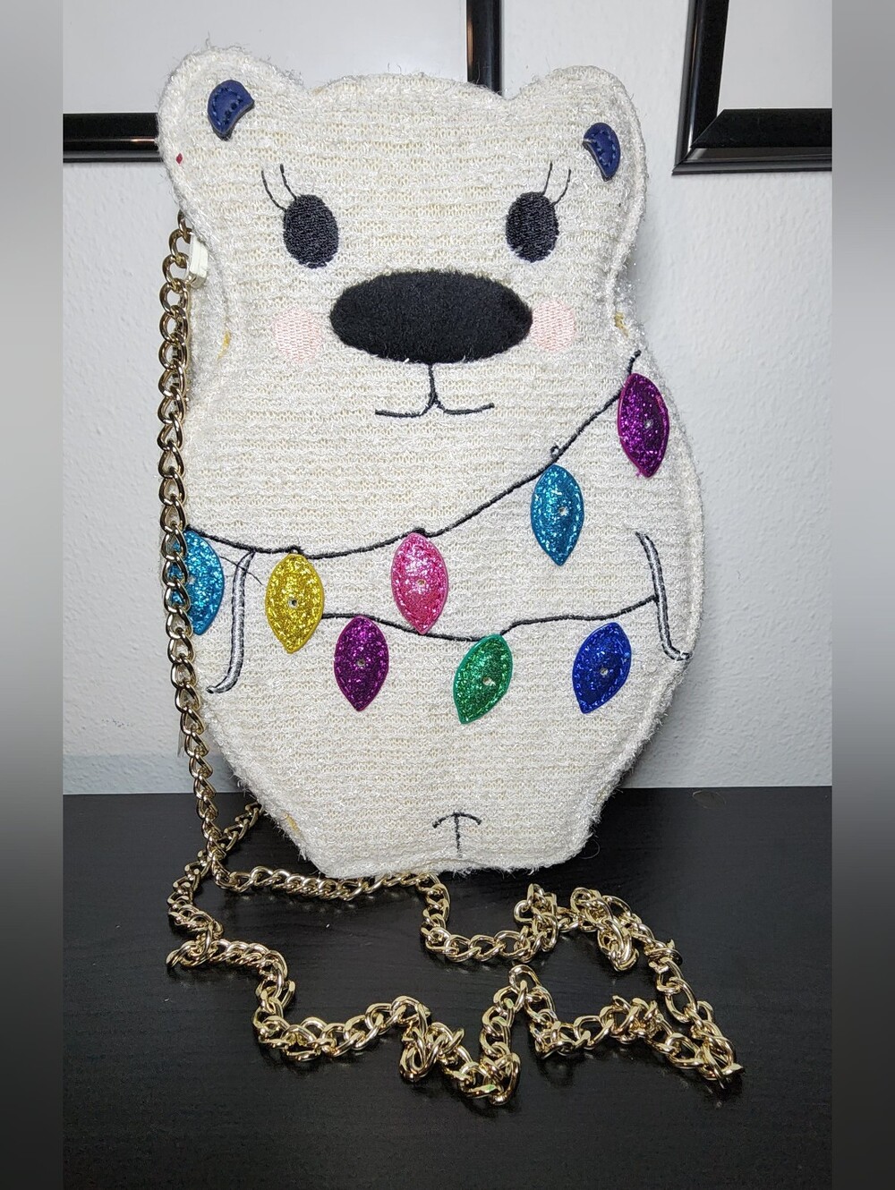 Betsey Johnson Polar Bear Crossbody Bag with Glitter Holiday Lights